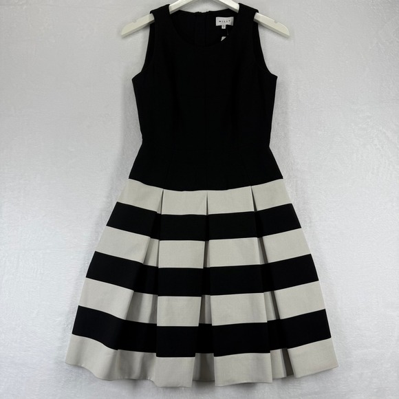 black and white striped flare dress Victor Costa Strapless Black and White Stripe Floral Fit and Flare Dre –  Palm Beach Vintage main image 1